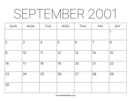 2001 Calendar September – Printable Old Calendars