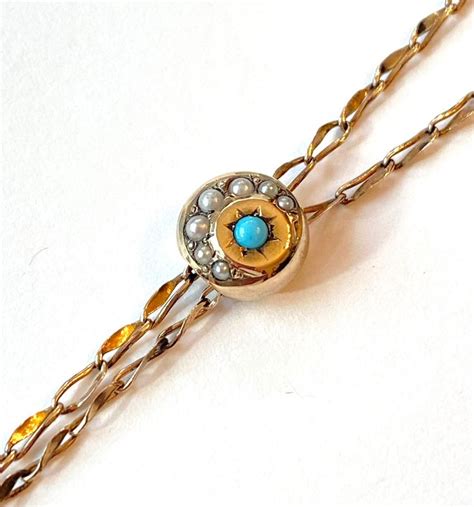 Antique Slide Chain Necklace Victorian Crescent Moon And Star Turquoise