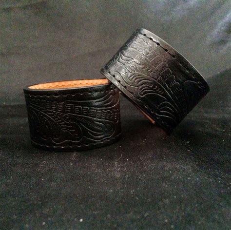 Black Leather Wrist Cuff Recycled Vintage Belt Embossed Etsy