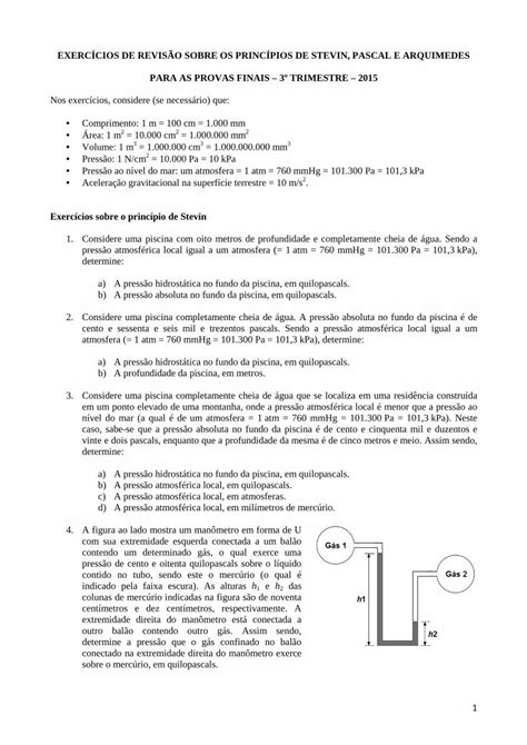 PDF Exercícios de Revisão sobre os Princípios de Stevin Pascal