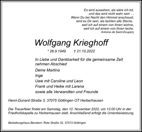 Traueranzeigen Von Wolfgang Krieghoff Trauer Anzeigen De