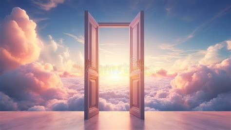 Doors Open To A Vibrant Sky Above The Clouds Concept Of Heaven Hope