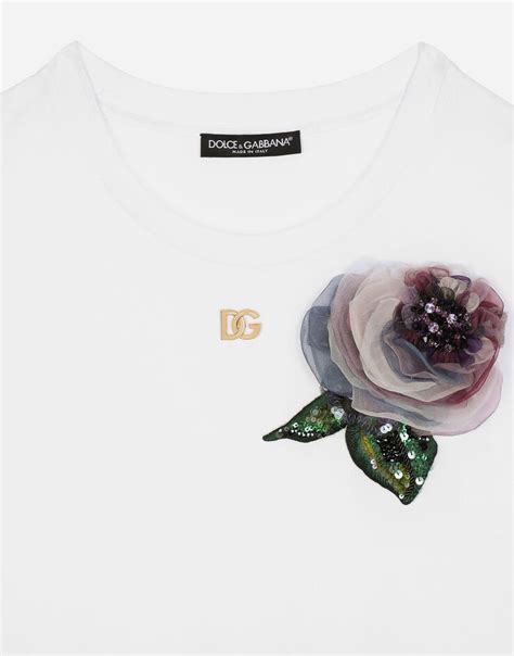 Cropped Jersey T Shirt With Flower Appliqué In White For Women Dolce