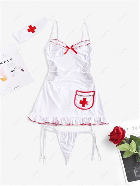 Off Lace Mesh Garter Cutout Lingerie Nurse Costume Set In