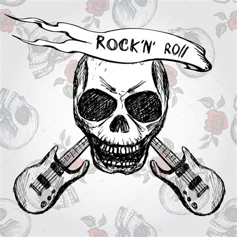 Rock And Roll Skull Guitar Hand Drawing — Stock Vector © Naum100