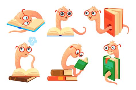 Cartoon Bookworms Worm Reading Book With Glasses Bookworm Funny Char