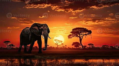 Silhouetted African Elephant during Botswana safari at African sunset ...