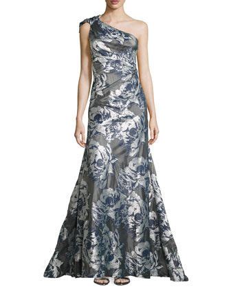 One Shoulder Floral Jacquard Gown Navy Silver By Pamella Roland At