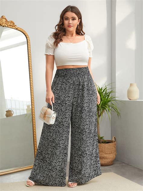 Shein Lune Plus Ditsy Floral Shirred Waist Wide Leg Trousers Shein Uk