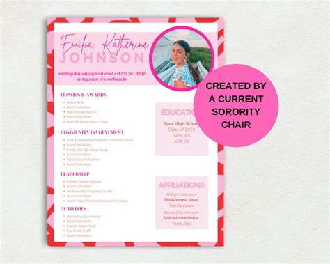 Sorority Recruitment Resume Template Pink Social Resume With Photo