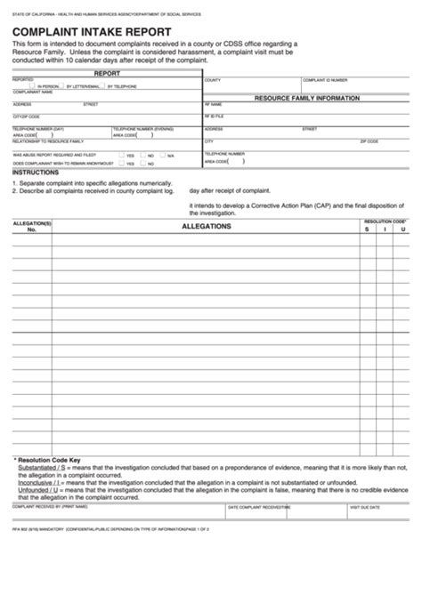 Fillable Form Rfa 802 Compliant Intake Report Printable Pdf Download