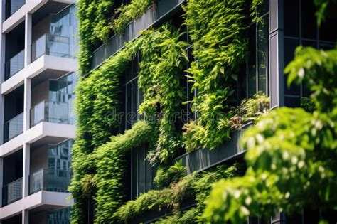 Green Architecture Skyscraper Building With Plants Growing On Facade