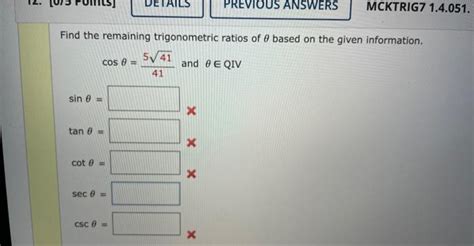 Solved Find The Remaining Trigonometric Ratios Of Based On Chegg