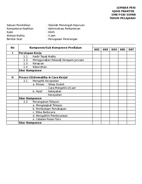 Contoh Lembar Penilaian Kerja Praktek Word Docx Miraclewijaya Com Riset