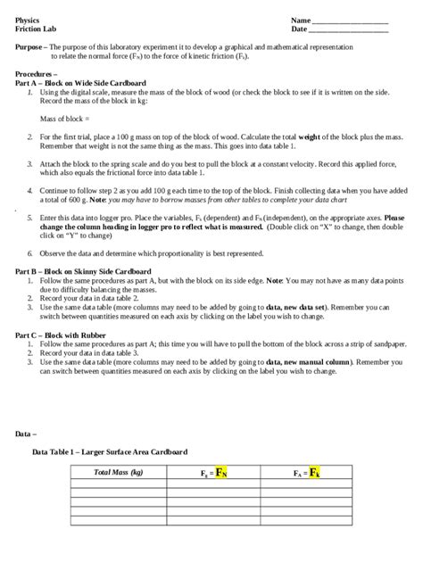 Lab 05 Friction Virtual Friction Lab Name Date Period Doc