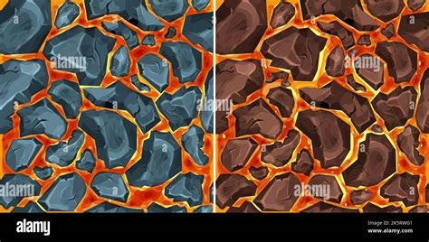 Lava, magma with stones in cartoon style seamless pattern background. Eruption effect, landscape ...