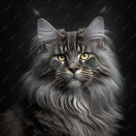 Premium AI Image | Close up of grey main coon cat on black background