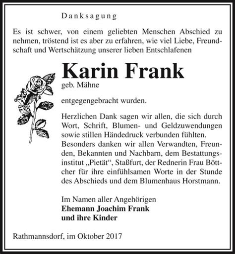 Traueranzeigen von Karin Frank geb Mähne abschied nehmen de