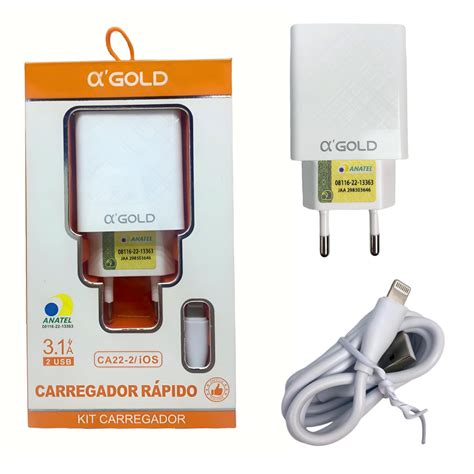 Carregador Completo Para Lightning AlphaGold Fonte E Cabo 3 1A CA22 2