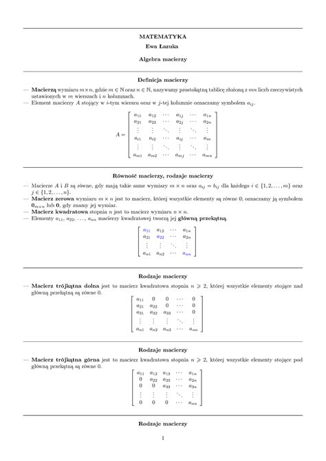 Macierze wykład MATEMATYKA Ewa Algebra macierzy Definicja macierzy