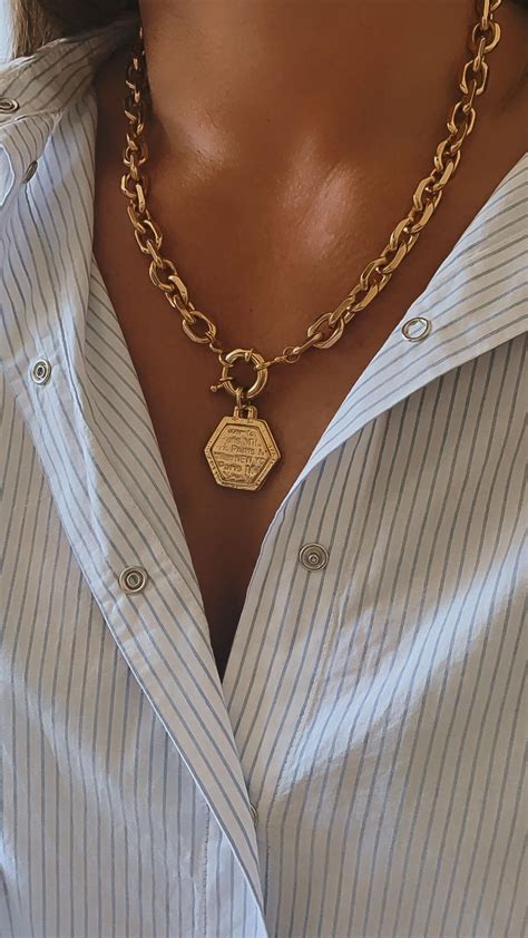 Statement Hexagon Pendant Necklace Gold Chunky Medallion Choker Gold