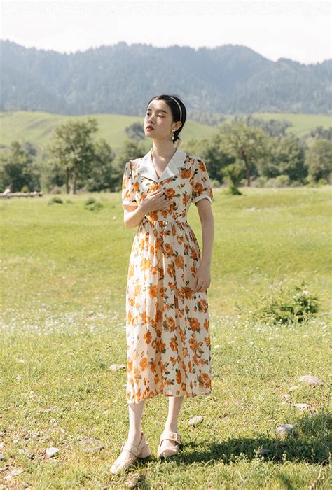 Sunset Rose Collared Midi Dress (White/Orange) – Megoosta Fashion