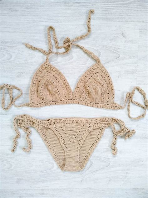 Swimwear Bikini Crochet Bikini Top Strappy Bikini Beige Swimwear Hot