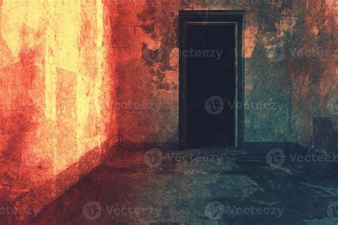Mysterious Abandoned Room with Distressed Walls and Dark Doorway in