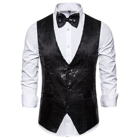 Gilet De Costume Homme Slim Col V Sans Manche Soirée Couleur Unie Avec Paillettes Noir Noir