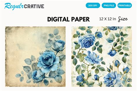 Watercolor Blue Rose Digital Paper Pack Graphic By Regulrcrative