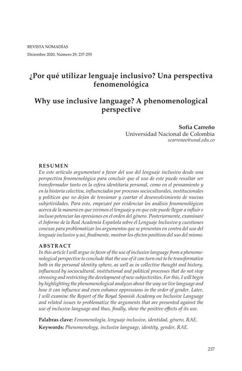 Pdf ¿por Qué Utilizar Lenguaje Inclusivo Una Perspectiva Fenomenológica