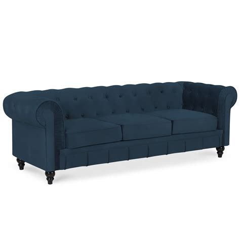 Canape Chesterfield Velours 3 Places Altesse Bleu foncé