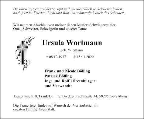 Traueranzeigen Von Ursula Wortmann Trauer In Nrw De