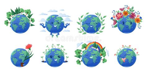 Happy Earth Planet Characters Set Globes With Cute Faces And Smile