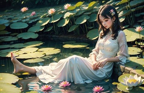 Premium Photo A Beautiful Brunette In A White Wet Dress Is Sitting In The Water A Beautiful Nymph