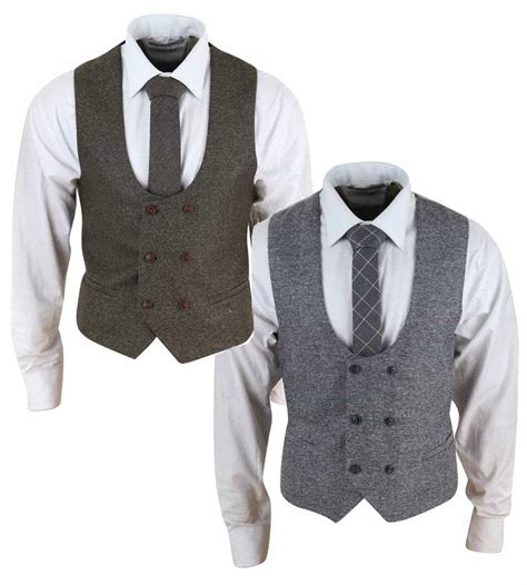 Mens Double Breasted Herringbone Tweed Waistcoat Happy Gentleman