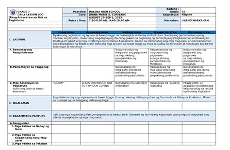Filipino Aralin 12 Grade 7 Daily Lesson Log Pang Araw Araw Na Tala