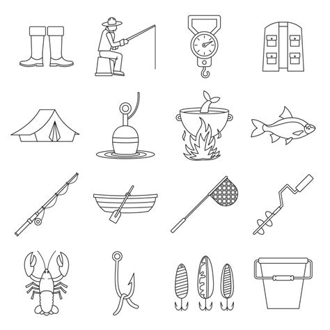 Fishing Tools Icons Set Outline Style 5317338 Vector Art At Vecteezy