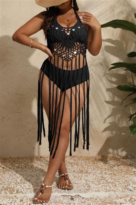 Wholesale Black Sexy Solid Tassel Bandage Hollowed Out Backless Pleated