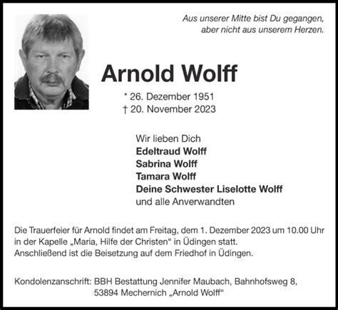 Traueranzeigen Von Arnold Wolff Aachen Gedenkt