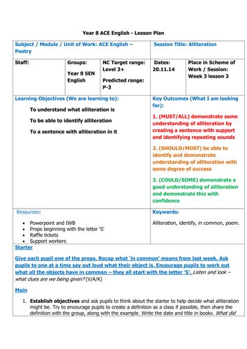 Lesson Plan To Accompany Alliteration Ppt Teaching Resources