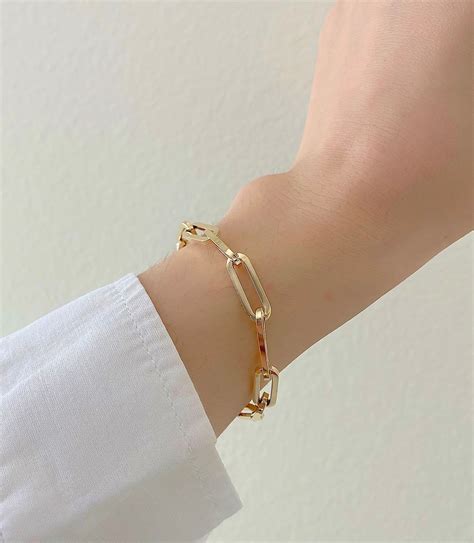 Paperclip Bracelet K Solid Gold Large Rectangle Bracelet Etsy