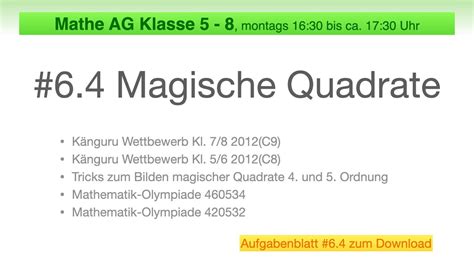 Mathe Ag Bis Magische Quadrate Mathe Olympiade