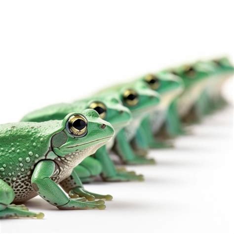 Premium Photo Many Identical Green Frogs In A Row On A White