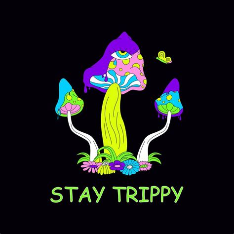 Stay Trippy Mushrooms And Flowers With Bright Neon Colors Flat Vector