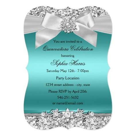 Silver Teal Glitter And Jewel Bow Quinceanera Invitation Zazzle