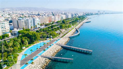 Aerial View Of Molos Promenade Park On Coast Of Limassol City Centre