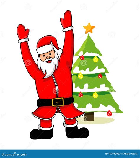 Santa Claus With Hands Up And Christmas Tree Stock Vector