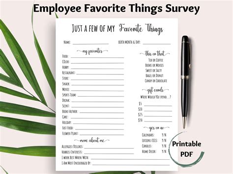 Employee Favorite Things Survey, Coworker Questions Printable, All