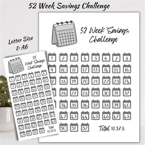 52 Week Savings Challenge Pdf Printable A6 Digital Etsy In 2022